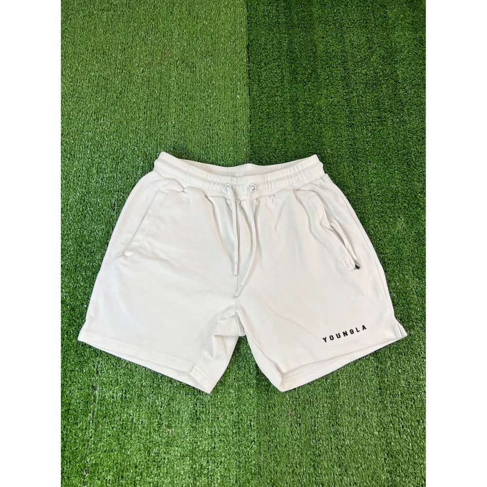 YoungLA Mens Cream Sweat Shorts Small Off-White Athletic Gym Fleece Pockets